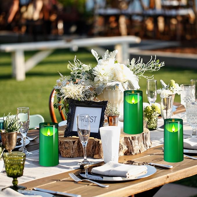 NURADA 3"x6"Flickering Flameless Candles: 3D Wick Acrylic Battery Operated LED Pillar Candles with Remote and Timer for St. Patrick's Day Home Holiday Forest Christmas Party Table Decor - Green