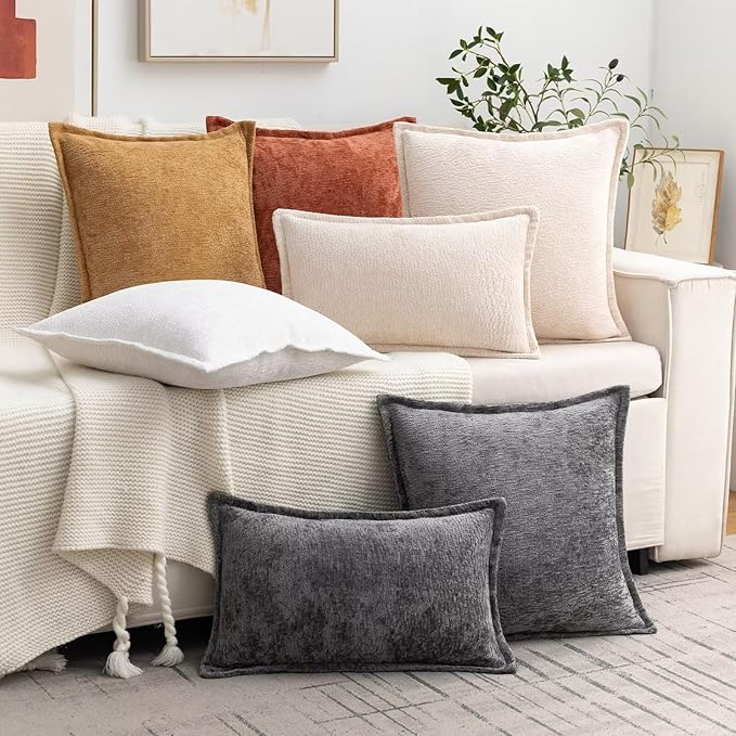 Grey Decorative Throw Pillow Covers 16x16 Inch Set of 2 Cozy Soild Chenille Cushion Cases Soft Textured Square Couch Pillows Cover Boho Accent Farmhouse Pillowcases for Sofa Bed