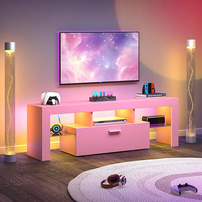Clikuutory Modern Lighting 51 inch TV Stand with Large Storage Drawer for 32 40 50 55 Inch TVs, TV Console with 20 Color LED Lights, Entertainment Center Media and Open Shelf for Bedroom, Pink