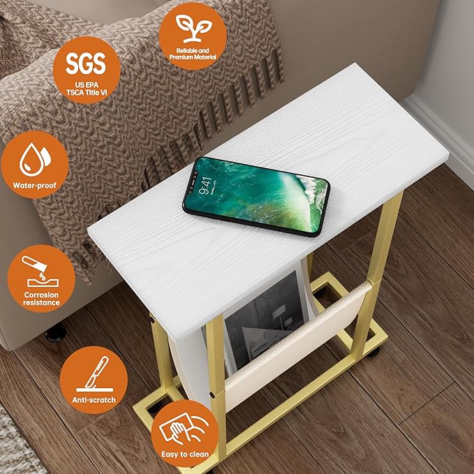 Narrow Side Table with PU Leather Magazine Holder Modern Slim Little Thin Table for Living Room, Bedroom, Sofa, White
