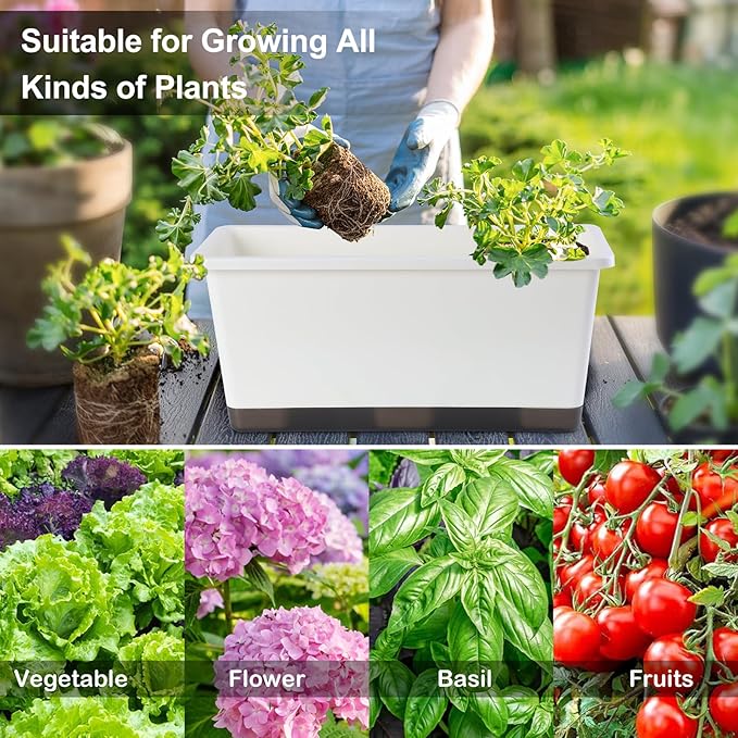 Window Box Planter 6 Pcs, 17 Inches Rectangle Flower Pots with Drainage Holes and Trays, Vegetable Planters for Windowsill Patio Garden Balcony Home Porch Yard Indoor Outdoor (White, 17*7.4*7.8 inch)