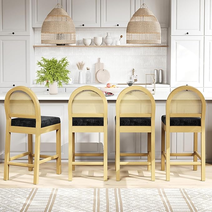 STHOUYN Upholstered Rattan Bar Stools Set of 4, Wooden Counter Height Stools with Natural Rattan Woven Back and Chenille Seat, Mid-Century Modern Island Chairs Barstools for Kitchen (4, Black)