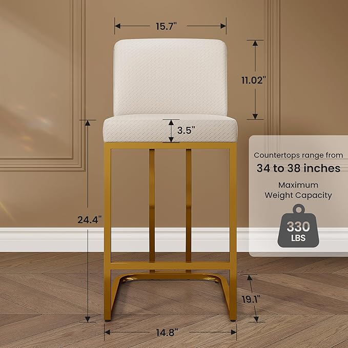 PHI VILLA White and Gold Bar Stools Set of 3, Faux Leather Counter Height Chairs, Kitchen Stools for Island, 24 Inch Barstools with Back