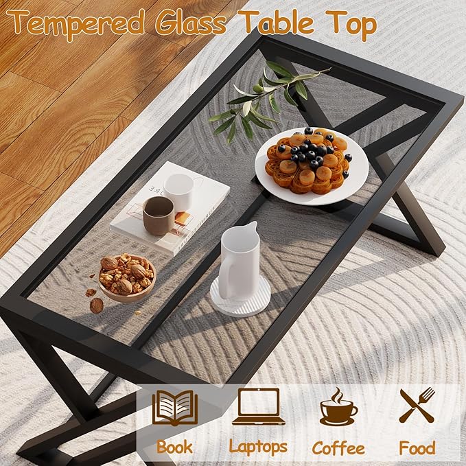 Coffee Table Grey Glass Coffee Table for Living Room,Modern Rectangular Center Table with Sturdy Metal Frame,Tempered Glass Table Tea Tables for Bedroom Home Office