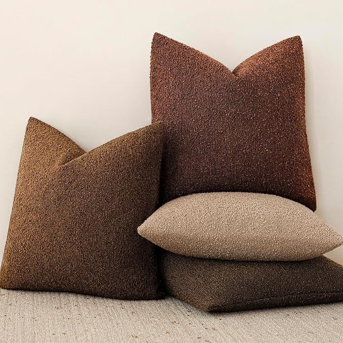 Foindtower Pack of 2, Decorative Textured Boucle Throw Pillow Covers Neutral Accent Solid Pillow Cases Cozy Soft Couch Cushion Case for Chair Sofa Bedroom Living Room Home Decor 22x22 Inch Hazel Brown