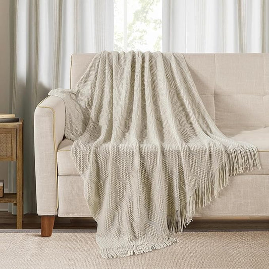 BOURINA Beige Throw Blanket 50x60 Inches Throw Textured Solid Soft Ripple Throws and Blankets for Sofa or Bed Knitted Decorative Bla