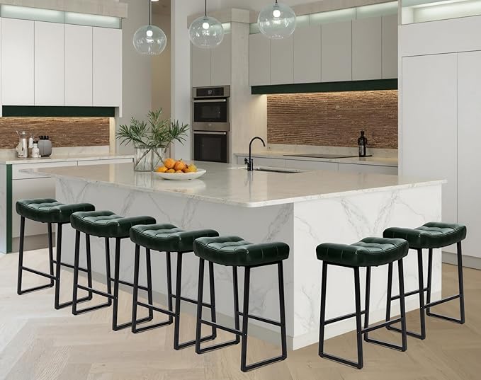 Modern Bar Stools Set of 6 for Kitchen Counter 24 inch Counter Height Backless Barstools with Upholstered Faux Leather Saddle Seat and Metal Frame Industrial Bar Chairs, Dark Green