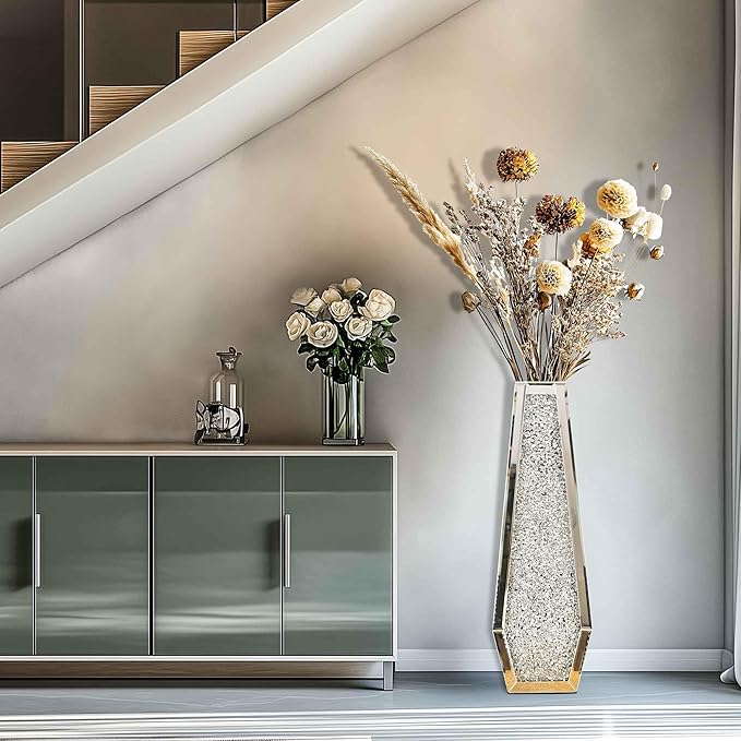 Mirrored Flower Vase Decorative: Crushed Diamond Glass Mirror Vase Large Luxury Bling Crystal Silver Hexagon Shaped Decor for Home Centerpieces, Won't Hold Water