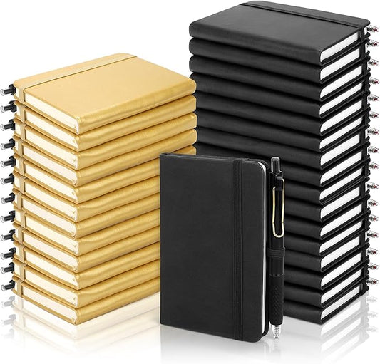 Aodaer 50 Sets Graduation Gifts Pocket Notebook Journal with Pens, 160 Page, 3.5 x 5.5 Inch Mini Lined Journal Notebook A6 Leather Hardcover Notepad with Pen Holder for School Office, Black and Gold