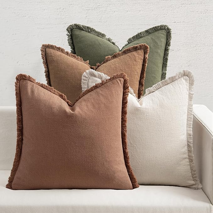 MIULEE Fall Decorative Couch Pillow Covers Neutral Linen Fringe Throw Pillows Set of 4 Soft Rustic Cushions Boho Farmhouse Pillowcases for Bed Sofa Living Room Home Decor 18x18 Inch Beige/Brown/Green