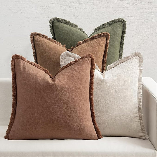MIULEE Fall Decorative Couch Pillow Covers Neutral Linen Fringe Throw Pillows Set of 4 Soft Rustic Cushions Boho Farmhouse Pillowcases for Bed Sofa Living Room Home Decor 20x20 Inch Beige/Brown/Green