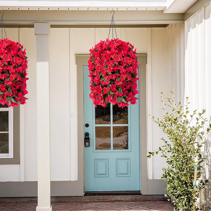 Artificial Bougainvillea Faux Flowers Plants Baskets for Outdoor Outside Summer Decoration, 3 PCS Fake Silk Long Hanging Vines UV Resistant Realistic for Front Door Porch Patio Balcony Yard, Red