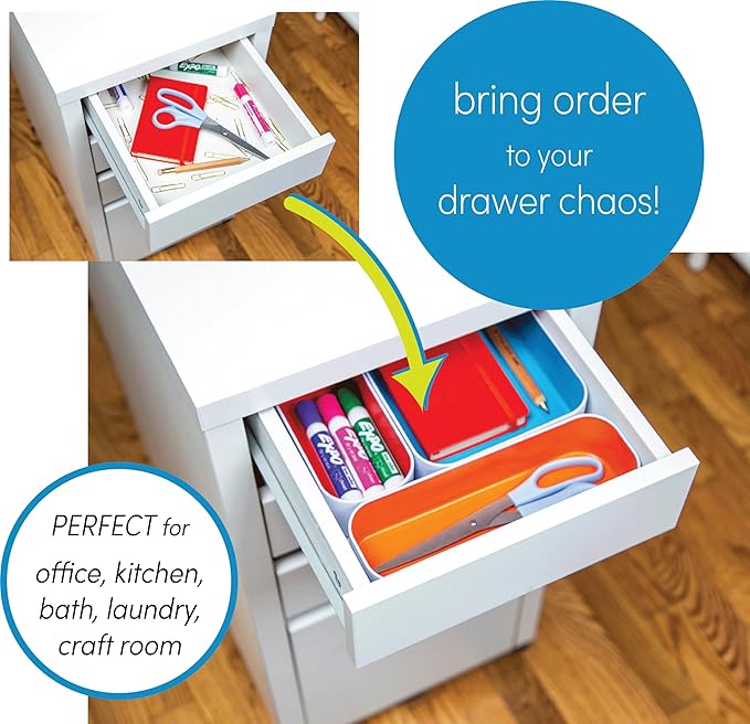 Three by Three Seattle 3 Piece Shallow Metal Organizer Tray Set for Storing Makeup, Stationery, Utensils, and More in Office Desk, Kitchen and Bathroom Drawers (1 Inch, Gray and White)