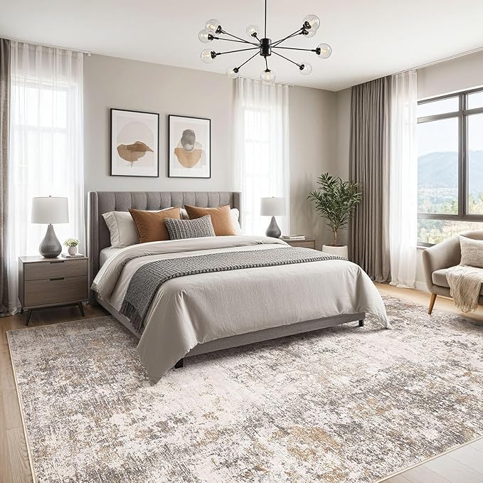 Area Rugs for Living Room: 5x7 Large Soft Washable Rug Modern Abstract Non-Slip Backing Stain Resistant Carpet for Bedroom Dining Room or Home Office Home Decor - Brown