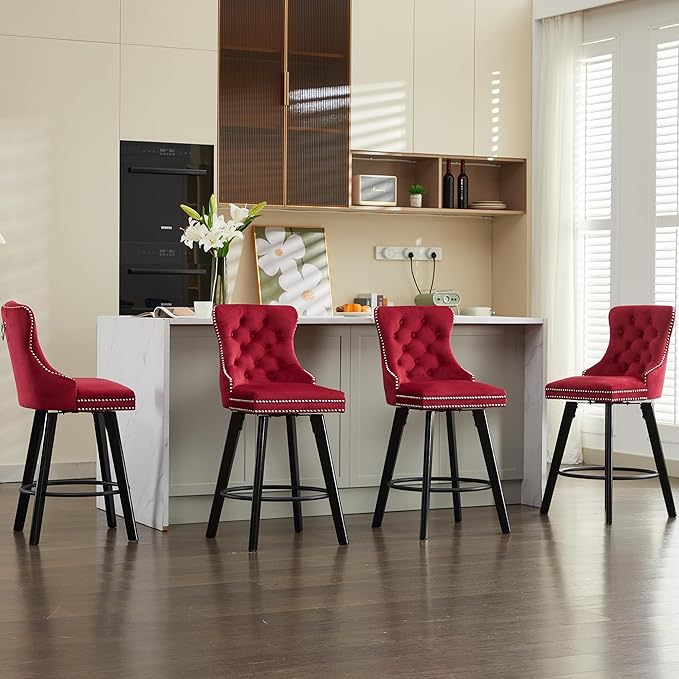 YISHENG Modern Swivel 27" H Seat Set of 6 Velvet Barstools with Backrest and Footrest,Button Tufted Rivet Trim Dining Room Chairs with Metal Pull Ring for Kitchen Island，Bistro, Home Bar，Red