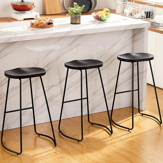 HeuGah Bar Stools Set of 3, Bar Height Wooden Bar Stools Saddle Seat, 30" Backless Barstool for Kitchen Island (Black, 3 PCS 30Inch Barstool)