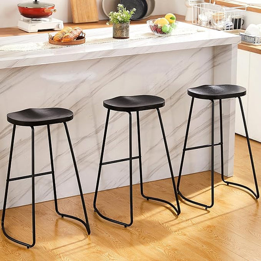 HeuGah Bar Stools Set of 3, Bar Height Wooden Bar Stools Saddle Seat, 30" Backless Barstool for Kitchen Island (Black, 3 PCS 30Inch Barstool)