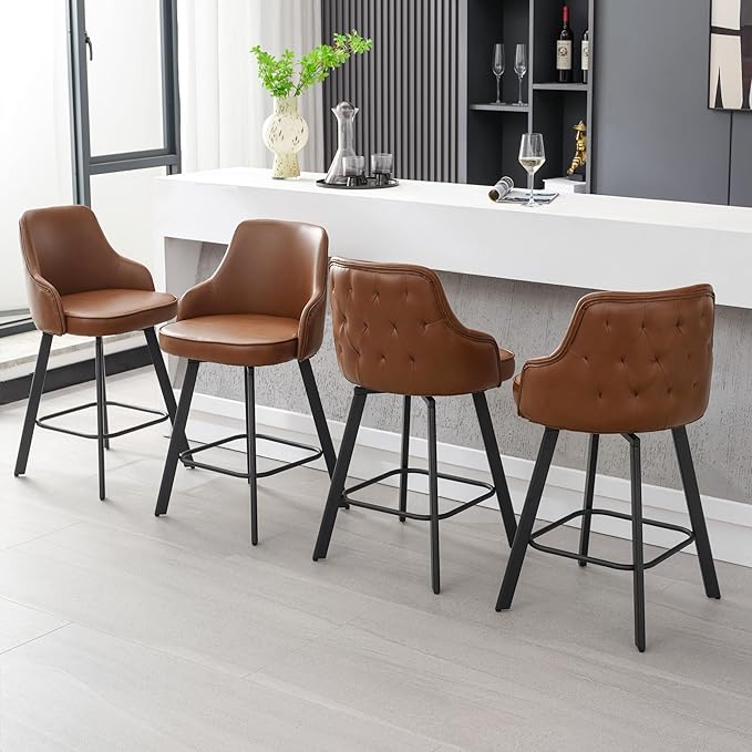 Bar Stools Set of 4, 26" Swivel Counter Height Bar Stools with High Back, Faux Leather Kitchen Barstools Counter Height for Kitchen Island (Dark Brown, 4PCS 26" Counter Stools)