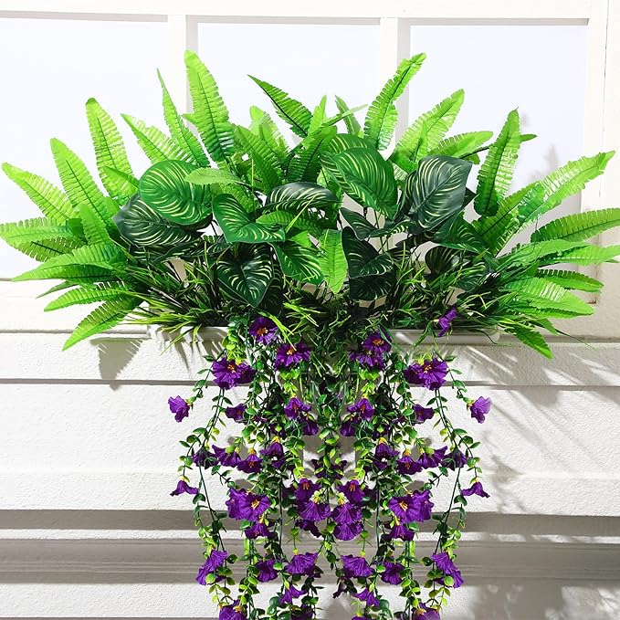 12 Pcs Artificial Greenery for Outdoor UV Resistant Fake Flowers and Greeneries Plastic Hanging Plants for Window Box Spring Summer Garden Patio Porch Yard Decoration(Classic Color)