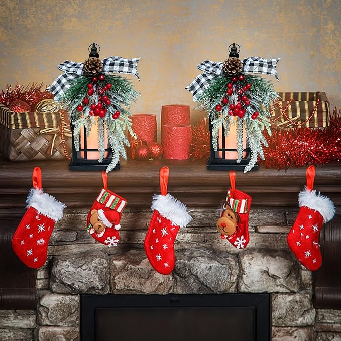 Christmas Decorative Lantern w/LED Flickering Flameless Candle - 14 Inch, Antiqued Vintage Lantern with Xmas Ornament for Outside Indoor Table Holiday Party Decorations