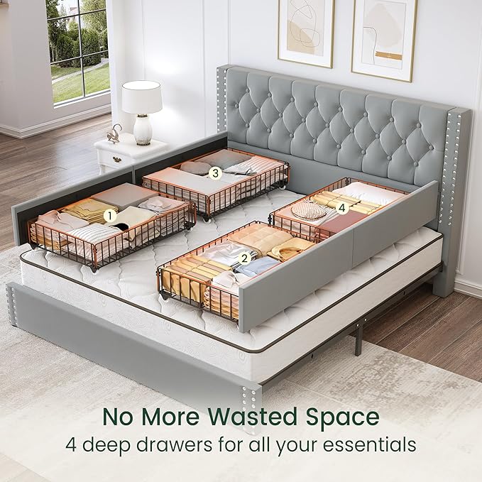 LARMACE King Size Bed Frame with 4 Storage Drawers and Tufted Headboard Velvet Upholstered Platform Bed Frame with Heavy Duty Wood Slats, No Box Spring Needed, Easy Assembly, Bluish Grey