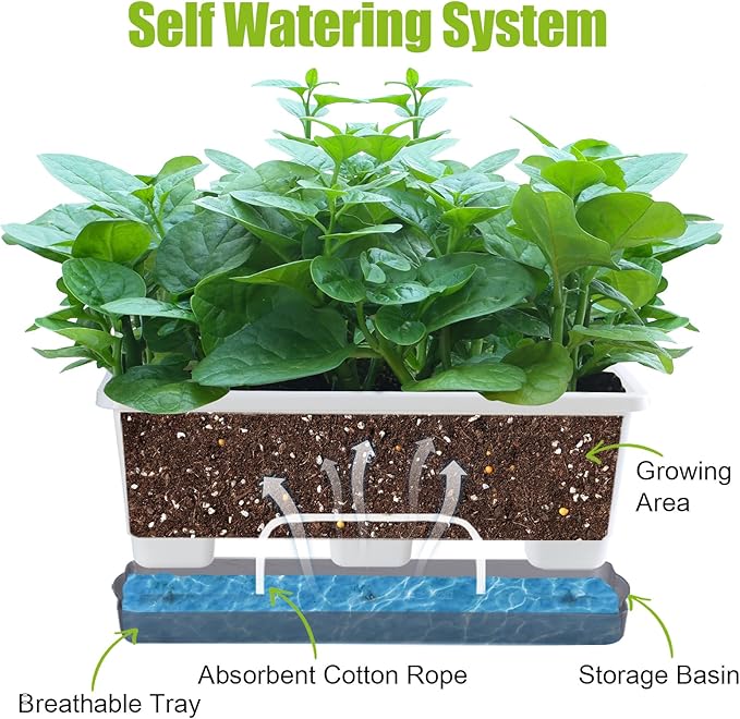 Window Box Planter 8 Pcs, 17 Inches Rectangle Flower Pots with Drainage Holes and Trays, Vegetable Planters for Windowsill Patio Garden Balcony Home Porch Yard Indoor Outdoor (White)