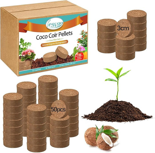 Legigo 50 Pcs 30mm Coco Coir Pellets Seed Starting Soil Mix- Compressed Coconut Coir Pellets Potting Soil Pods for Seedling, Coco Peat Soil Discs for Indoor & Outdoor Plants, Herb Vegetables Flowers