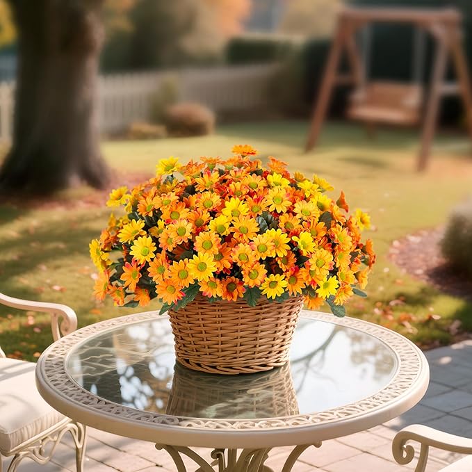 Fake Mums Fall Artificial Flowers for Outdoor Decoration, 6 Bundles Faux Silk Daisy Flowers Realistic UV Resistant No Fade Fall Fake Plants for Home Patio Porch Garden Window Box Decor(Yellow Orange)