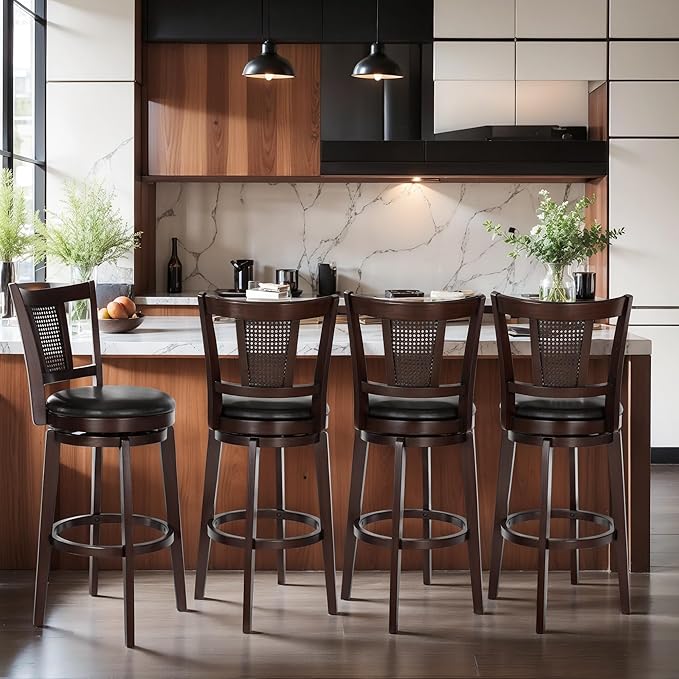 ALPHA HOME Swivel Bar Stools Set of 2, Kitchen Stools with Backs, 30 Inch Wooden Bar Stools, 360 Degrees Swivel Chair with Upholstered, Wrap-Around Footrest Counter Chair, Dark Brown