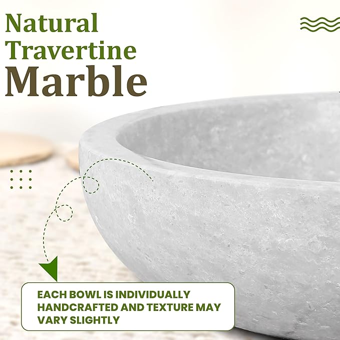 Travertine Decorative Bowl - 7.8” Diameter & 2” Height - Key Bowl for Entryway Table - Organic Modern Centerpiece - White/Gray