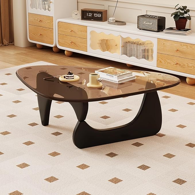 Glass Coffee Table for Living Room Mid Century Modern Triangle Center Table with Wooden Base, Brown/Black
