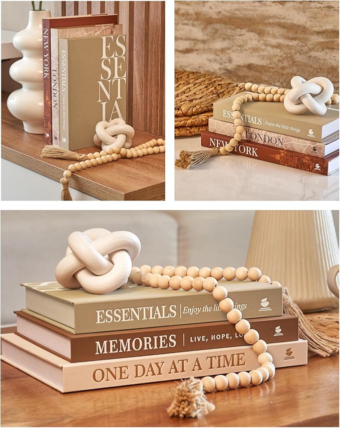 JULZEN Linen Decorative Books for Home Decor - Aesthetic Set of 3 Beige Fake Books for Coffee Table Decor with Faux Book Box Storage, Wood Knot & Bead Garland - Neutral Living Room Decoration
