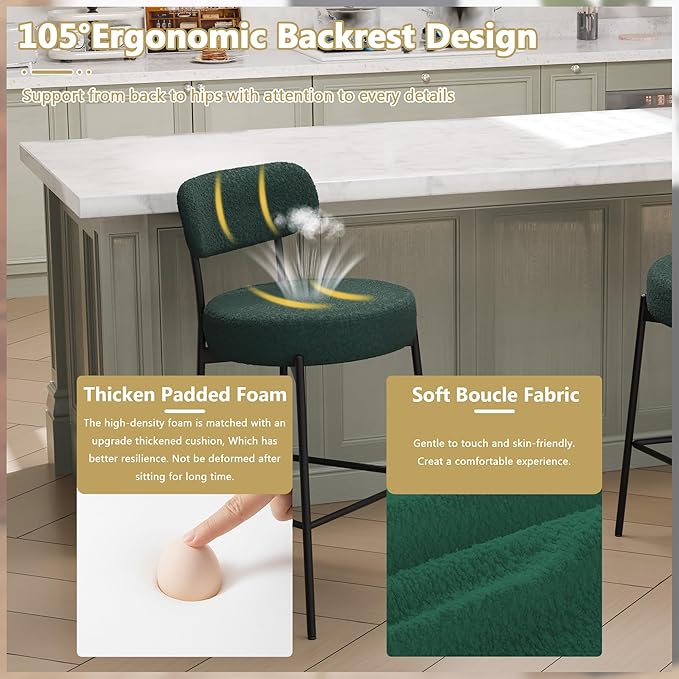 DYHOME Bar Stools Set of 3, Green 27.56 Inches Counter Height Kitchen Island Stools,Boucle Barstools with Back, Mid-Century Modern Bar Chairs for Kitchen Island, Dining Room