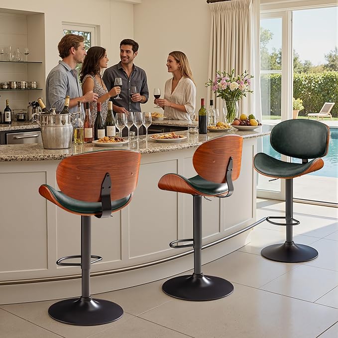 Bar Stools Set of 4 Adjustable Swivel Bentwood Barstools PU Leather Modern Bar Chairs with Back & Footrest for Bar, Kitchen Island, Dining Room (Grenn, Set of 4)