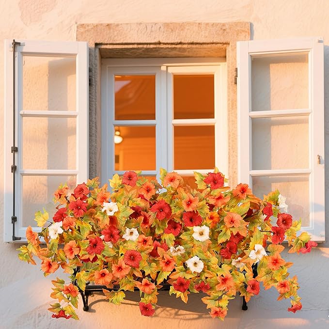 Fall Flowers Artificial for Decoration Fake Petunias Plants for Outdoor, 2PCS Autumn Silk Faux Flower UV Resistant No Fade Floral for Garden Balcony Yard Porch Realistic Indoor Decor (Orange White)