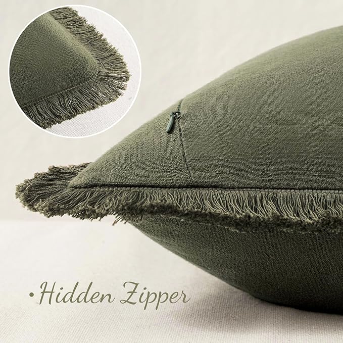 MIULEE Decorative Lumbar Throw Pillow Covers Neutral Linen Fringe Throw Pillows Set of 2 Olive Green Boho Farmhouse Cushion Covers for Couch Sofa Bed Living Room Spring Home Decor 12x20 Inch