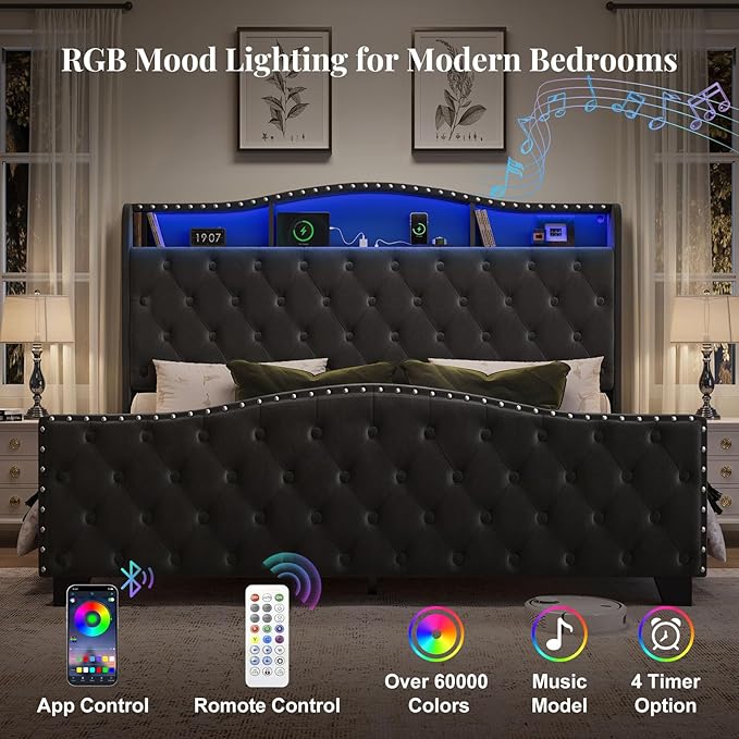 Belffin King Size Bed Frame and Headboard, 50.9" Velvet Upholstered Wingback Bedframe with LED Lights & Storage/Charging Station, Button Tufted Tall Footboard, No Box Spring Needed, Noise-Free, Black