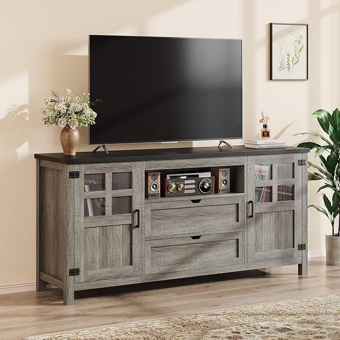 Farmhouse TV Stand for 65 Inch TVs, Entertainment Center with Adjustable Shelves, 2 Barn Doors and Drawers, Storage Media Cabinet for Living Room or Bedroom - Grey