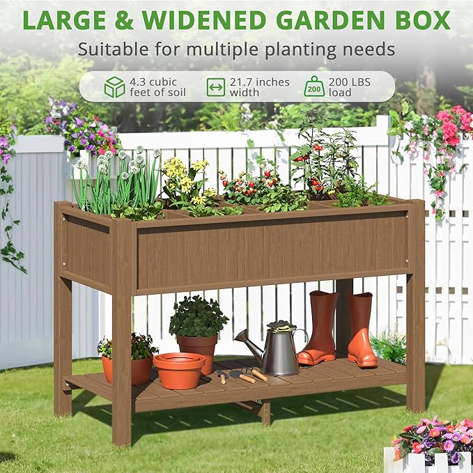 LUE BONA Elevated Planter Box with Legs and Shelf, 47 * 21 * 30in, 8 DIY Pocket HDPS Raised Garden Bed with Tools, 3-Year Warranty, No Crack, Large Outdoor Herb Raised Beds for Gardening Vegetables
