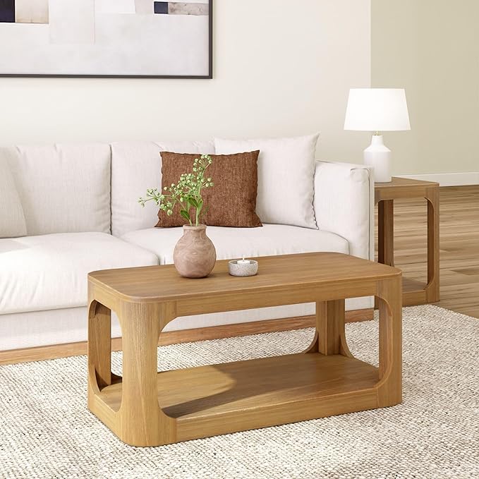 Plank+Beam Small Forma Coffee Table, Solid Wood 40 Inch Modern Coffee Table with Shelf, Contemporary Center Table with Storage Space, Rectangle Tea Table with Storage, Pecan