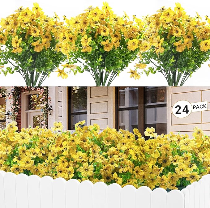 24 Bundles Artificial Flowers for Outdoors & Indoors – UV Resistant Faux Plastic Plants for Garden, Patio, Porch, Window Box, Home Decor – Lush & Vibrant Fake Flowers, Yellow