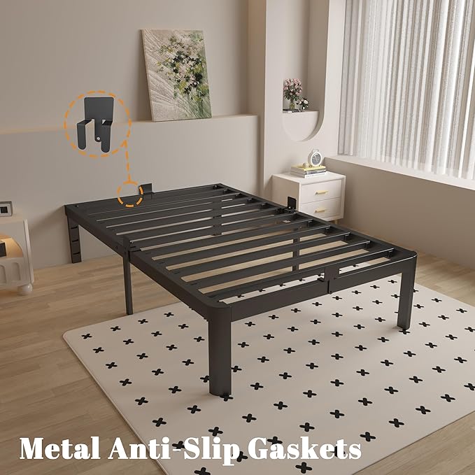 16 Inch Twin Bed Frames with Metal Baffles, Black Twin Metal Bed Frame No Box Spring Needed, Heavy Duty Steel Supprt to 3500LBS, Rounded Corner Design, Noiseless, Easy Assembly