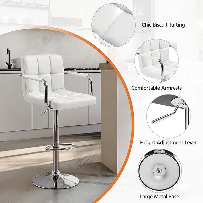 Yaheetech Bar Stools Set of 2, PU Leather Adjustable Swivel Barstools, Hydraulic Kitchen Counter Height Bar Chairs with Armrest and Back for Bar, Kitchen, Dining Room, White