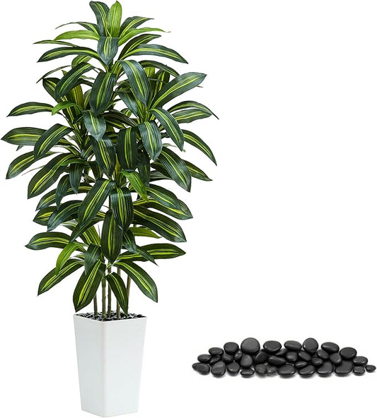 Artificial Dracaena Tree：5FT Faux Silk Tropical Yucca Floor Trees Realistic Fake Green Plant with Natural Wood Trunk & Lifelike Leaves for Home Office Decor Indoor & Outdoor (5FT,1-Pack,White)