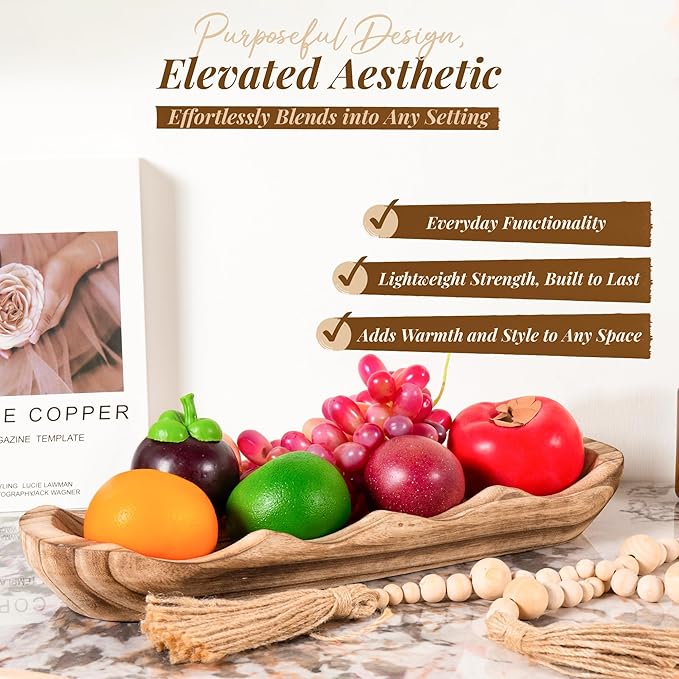 Wavy Edge Wooden Dough Bowl for Decor 16"L Lightweight Paulownia Wood Hand Carved Decorative Wooden Farmhouse Fruit Bowl Handmade, Home Decoration Centerpiece, Table Display Bowl