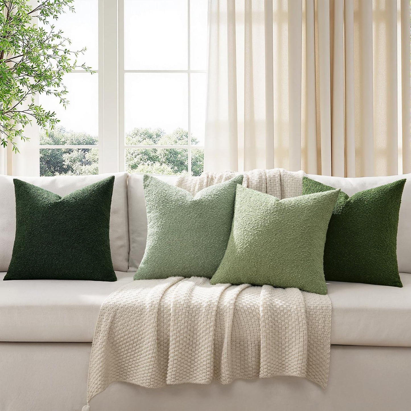 MIULEE Pack of 4 Christmas Decorative Sage Green Textured Boucle Throw Pillow Covers 18x18 Inch Forest Green Accent Solid Pillow Cases Soft Couch Cushion for Modern Farmhouse Boho Bed Room Home Decor