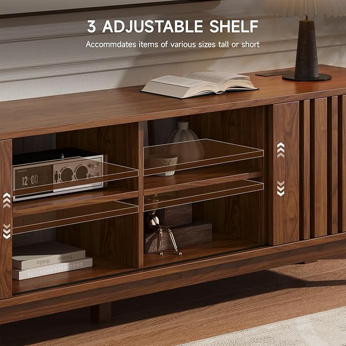 ONBRILL 70-Inch TV Stand for TVs up to 80 Inch, Mid-Century Modern Television Stand with Power Outlet， Entertainment Center with Sliding Grille Door Cabinets and Open Shelves for Living Room, Walnut