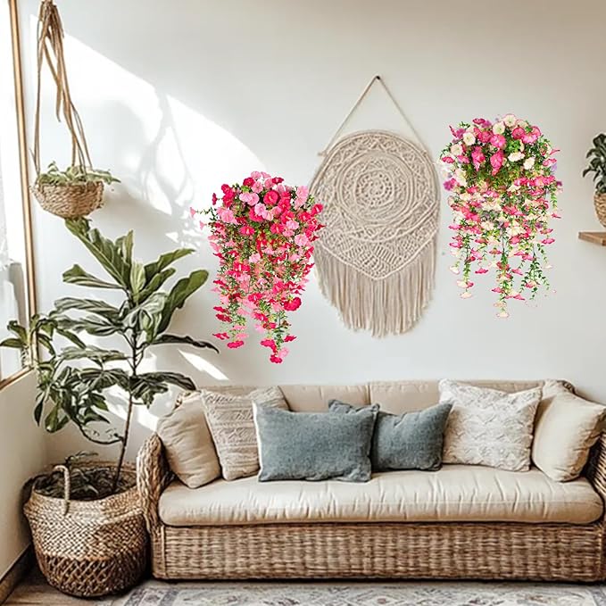 8 Pcs Artificial Hanging Flowers for Outdoor, Fake Silk Petunias Plants Arrangement, for Spring Summer Outdoor Decoration, UV Resistant, Morning Glorias, for Home Garden Decor (Dark Pink&White)