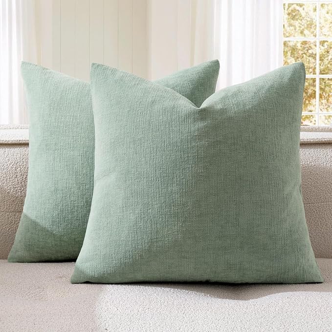 MIULEE Greyish Green Couch Pillow Covers 20x20 Inch, Set of 2 Soft Chenille Decorative Square Throw Pillow Covers Summer Farmhouse for Sofa Living Room Bed
