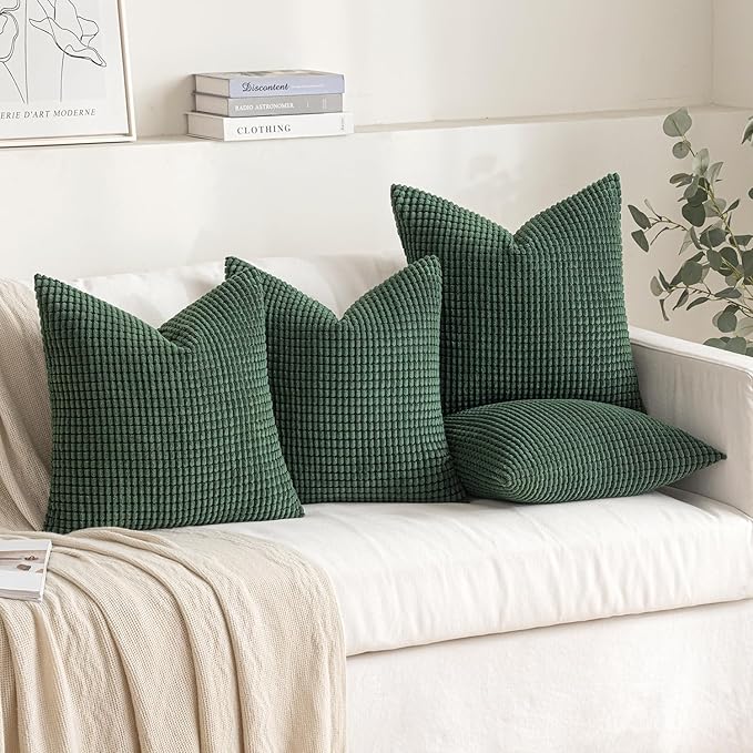 MIULEE Boho Farmhouse Throw Pillow Covers 20x20 Inch Set of 4 Soft Neutral Covers Christmas Dark Green Corduroy Couch Pillowcases Home Decor for Sofa Living Room Bed